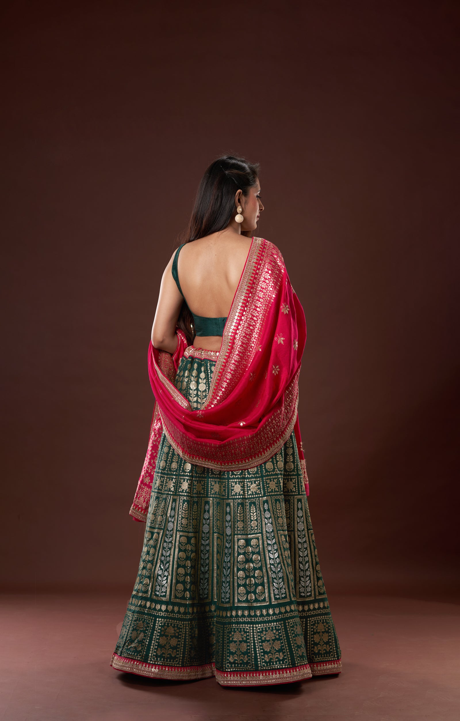 Bottle Green Gota Patti Woven Lehenga In Vegan Muga Silk