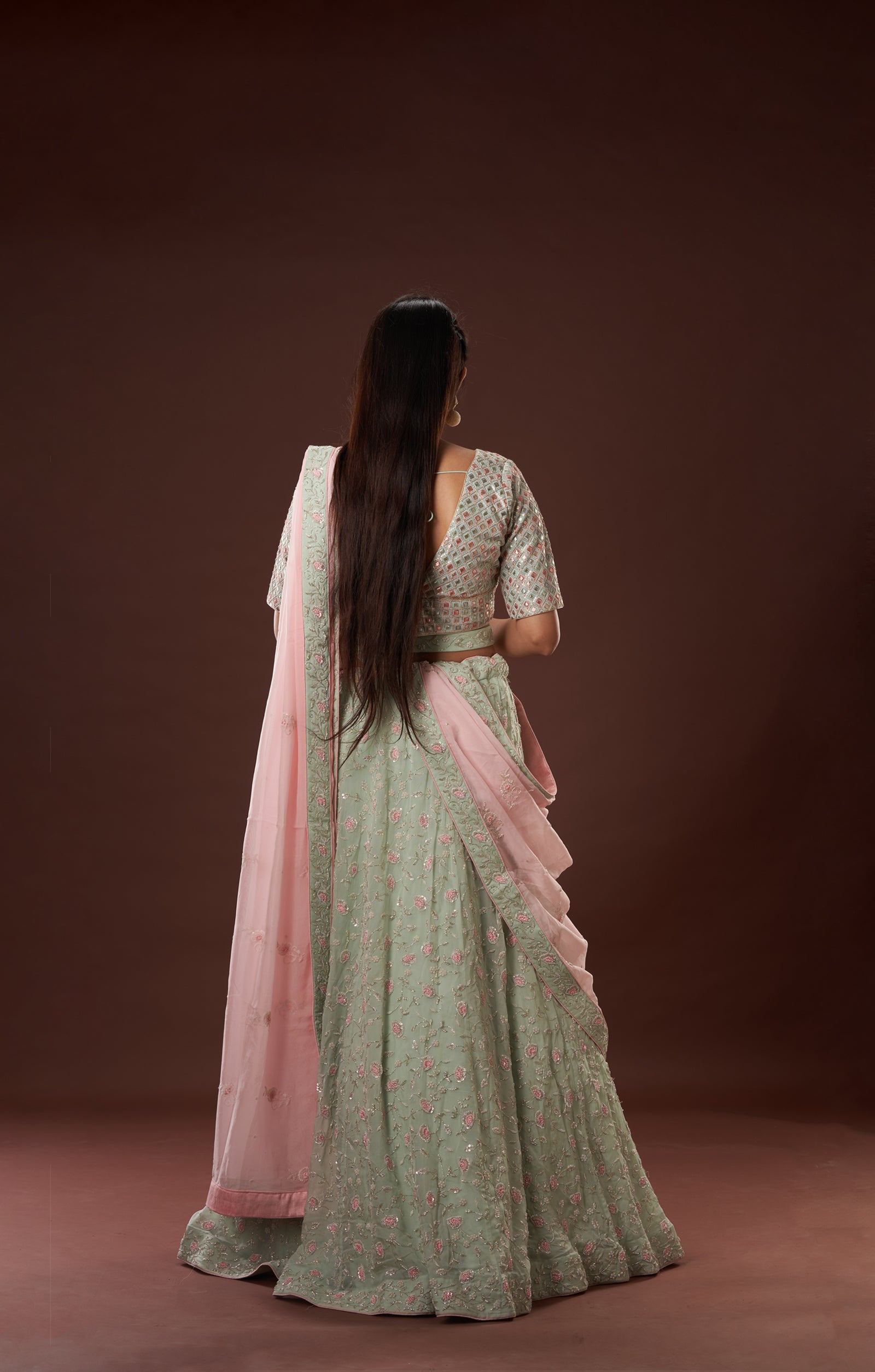 Sea Green Hand Crafted Lehenga In Vegan Organza