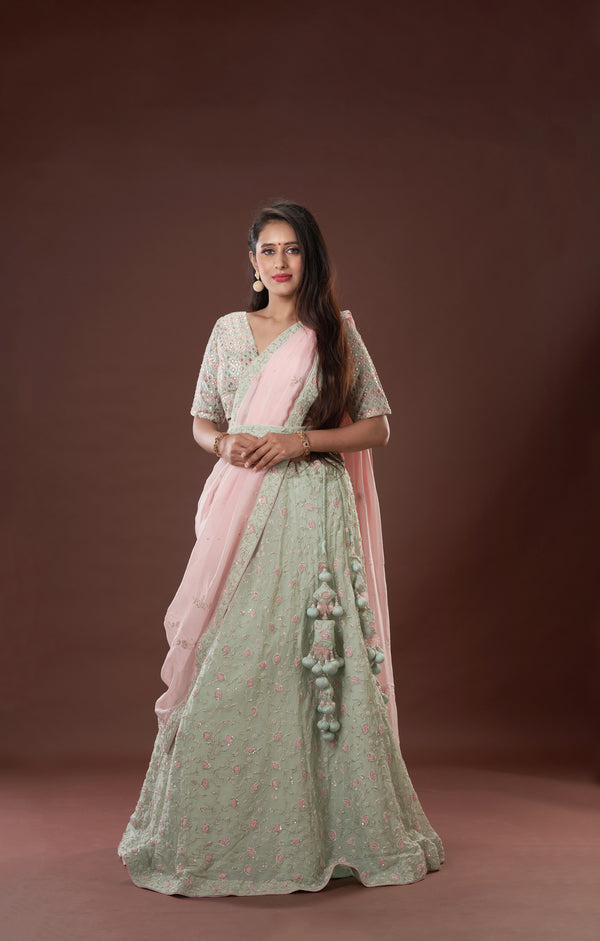 Sea Green Hand Crafted Lehenga In Vegan Organza