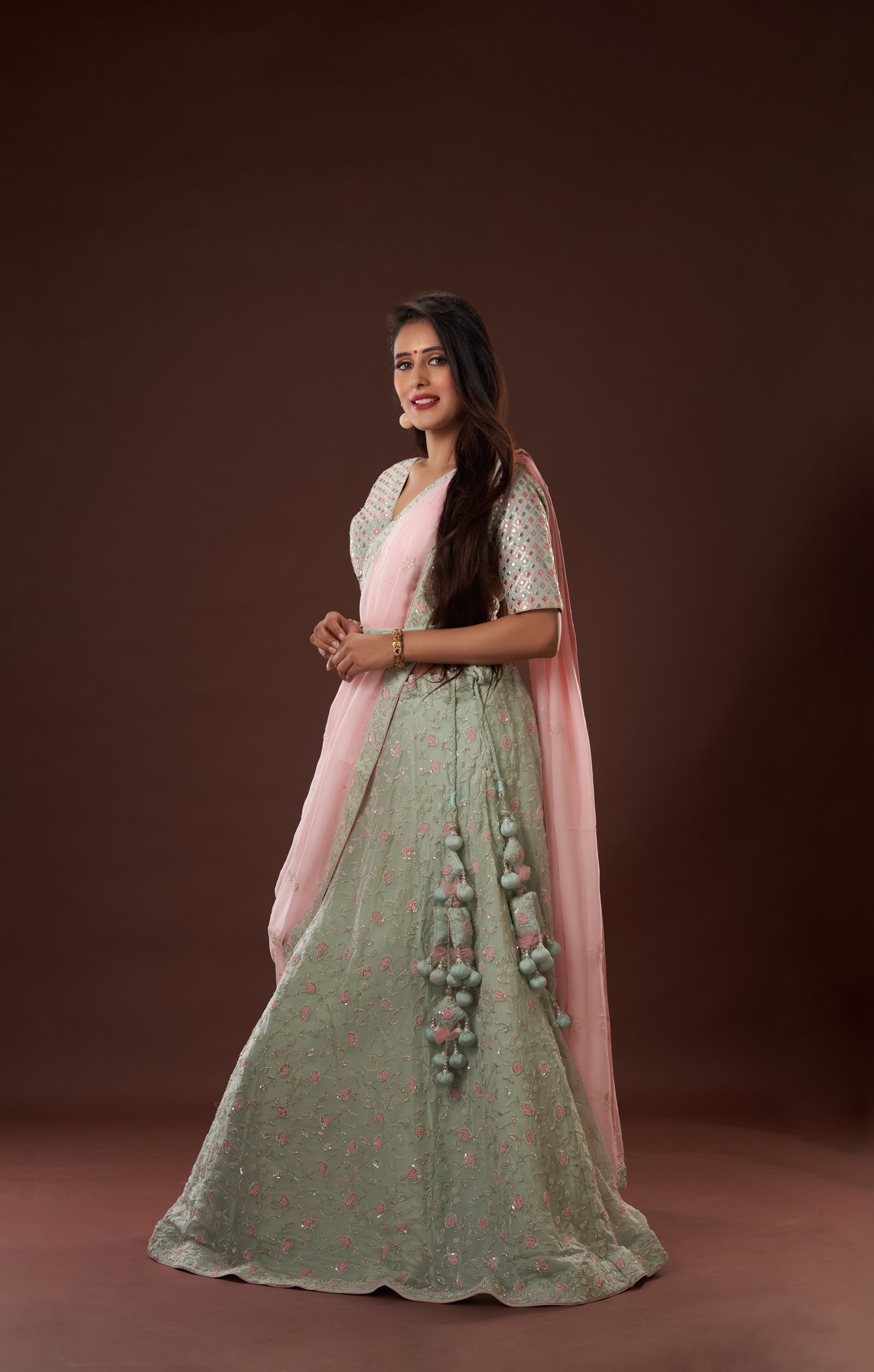 Sea Green Hand Crafted Lehenga In Vegan Organza