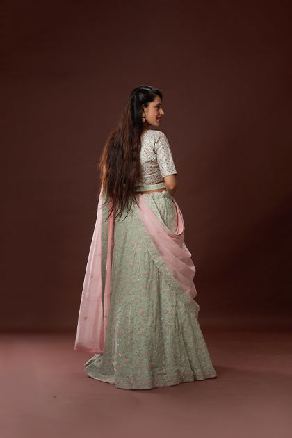 Sea Green Hand Crafted Lehenga In Vegan Organza