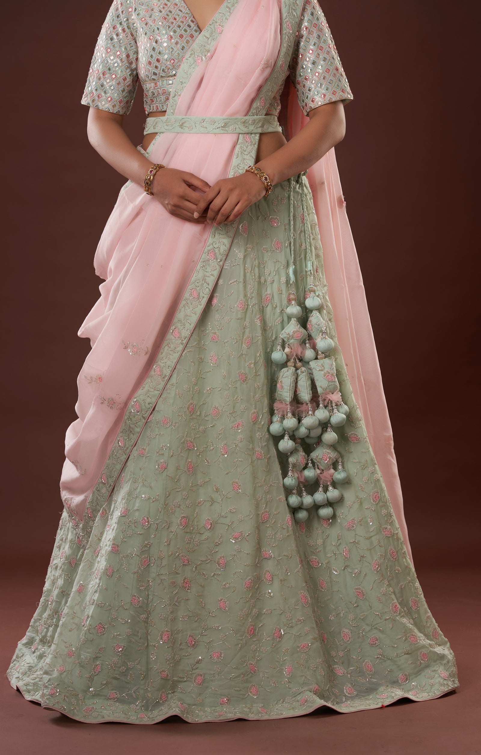 Sea Green Hand Crafted Lehenga In Vegan Organza