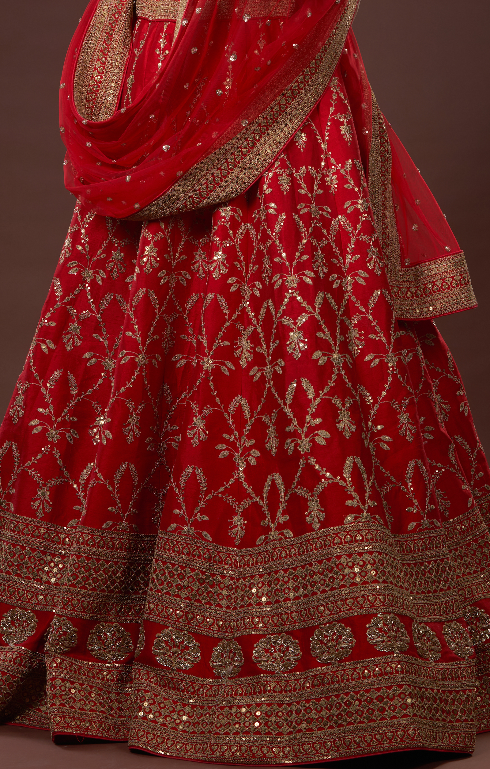 Red Bridal Hand Crafted Lehenga In Vegan Raw Silk