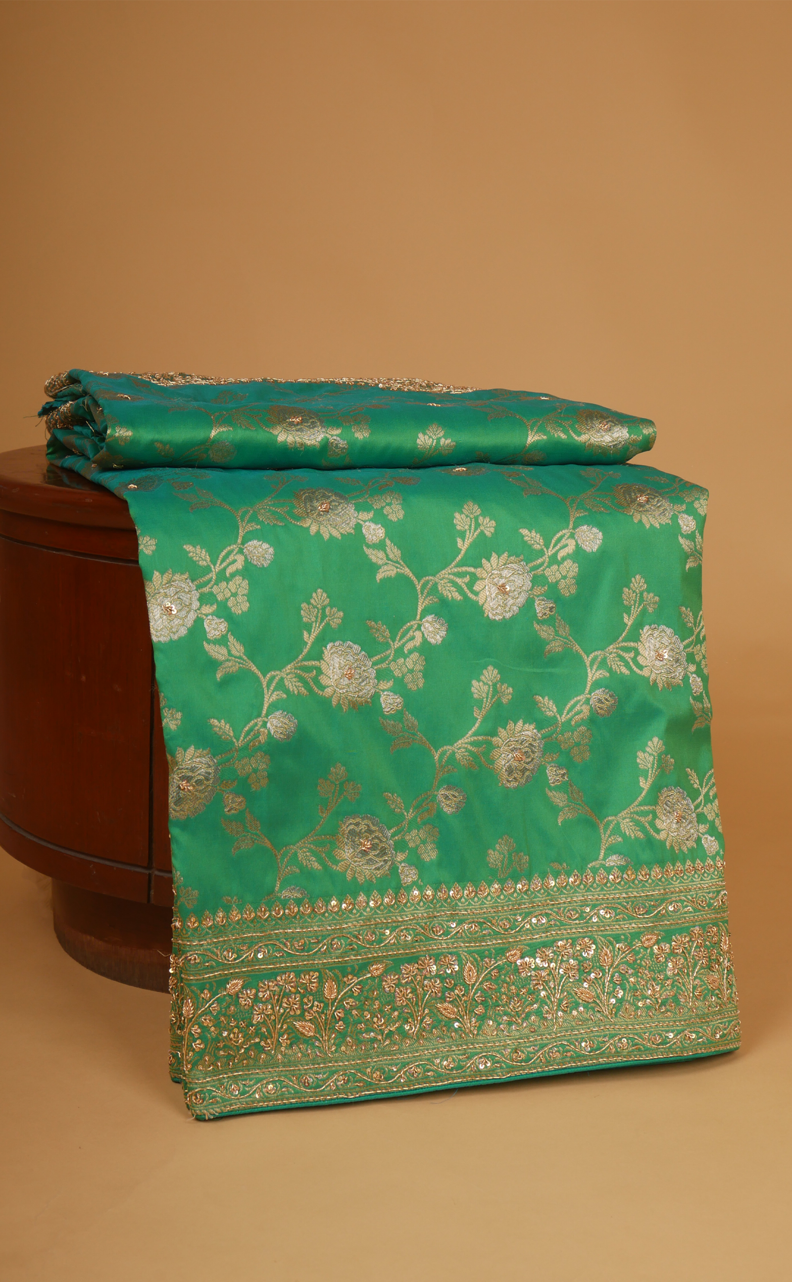 Peacock Green Hand Embroidery Bridal Saree In Vegan Silk Banarasi