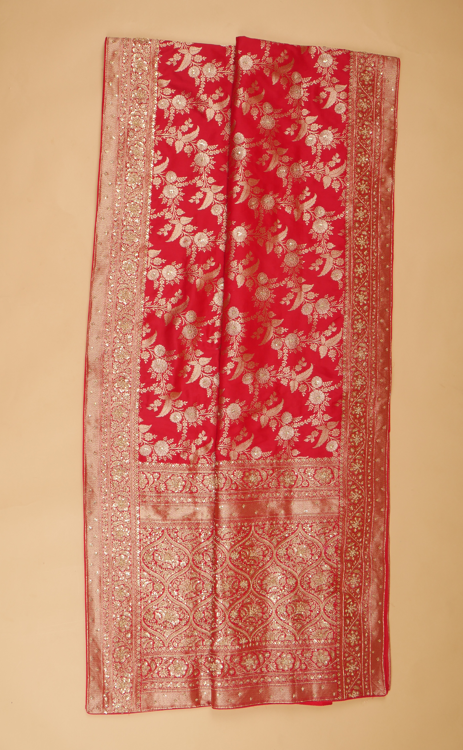 Red Hand Embroidery Bridal Saree In Vegan Silk Banarasi