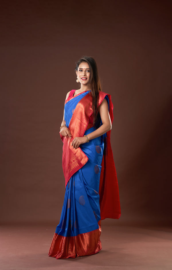 Persian Blue Kanjivaram In Vegan Silk With Kadiyal Border