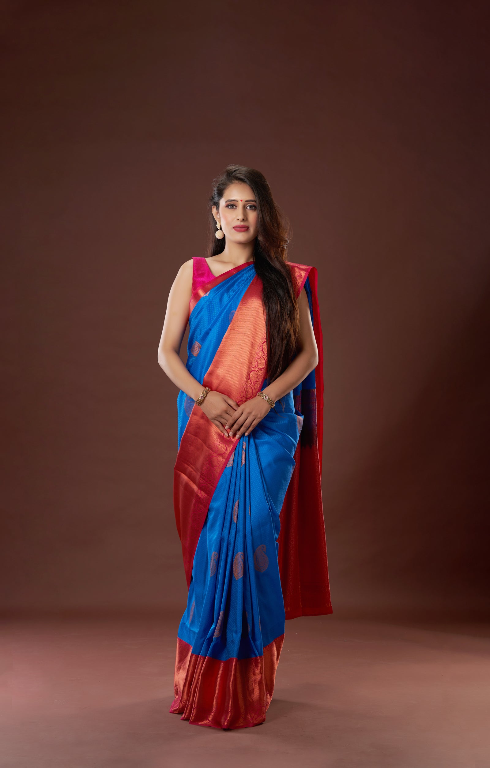 Persian Blue Kanjivaram In Vegan Silk With Kadiyal Border