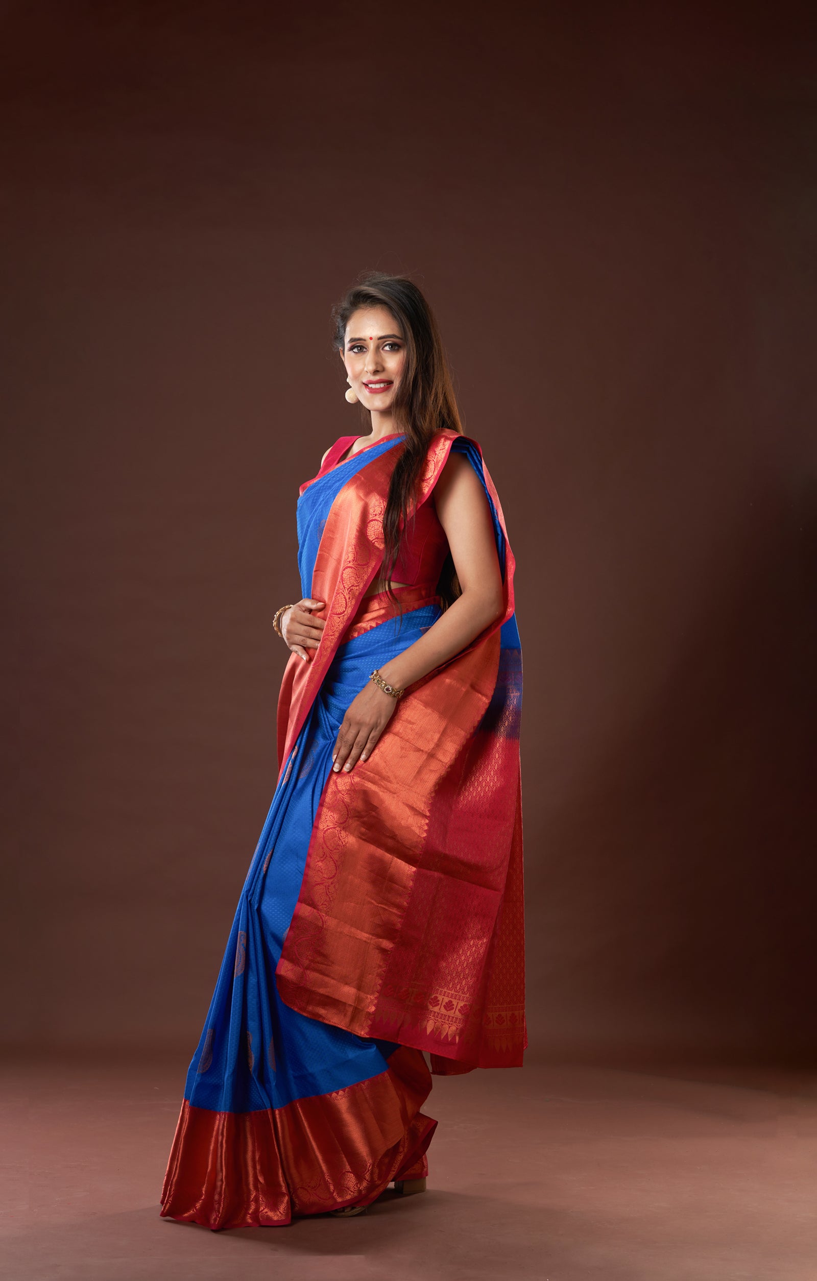 Persian Blue Kanjivaram In Vegan Silk With Kadiyal Border