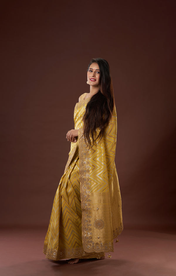 Mustard Vegan Banarasi Tissue Georgette With Hand Crafted Gota Patti & Dori Work