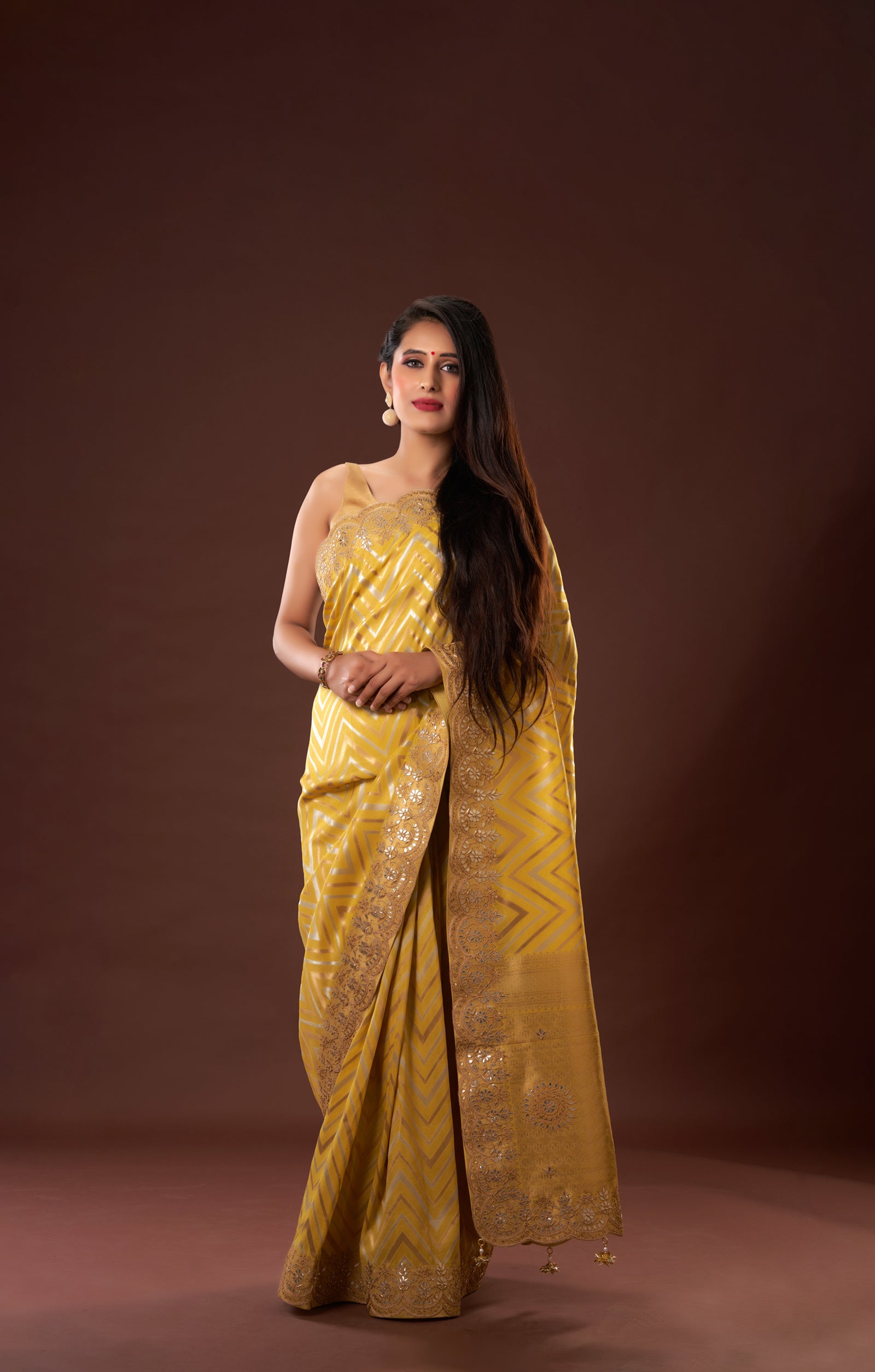 Mustard Vegan Banarasi Tissue Georgette With Hand Crafted Gota Patti & Dori Work