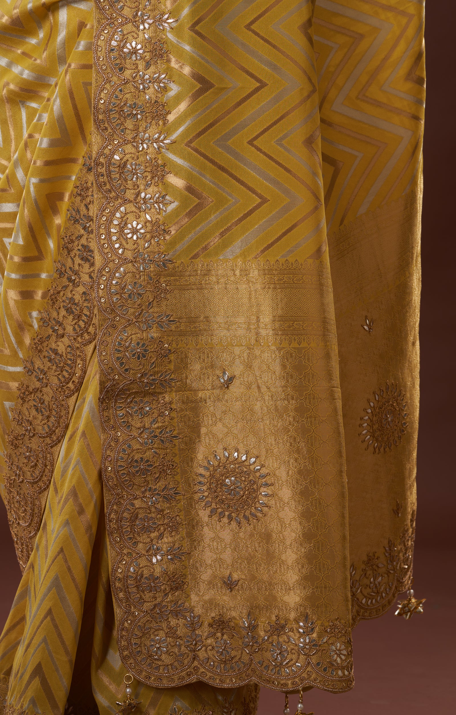 Mustard Vegan Banarasi Tissue Georgette With Hand Crafted Gota Patti & Dori Work