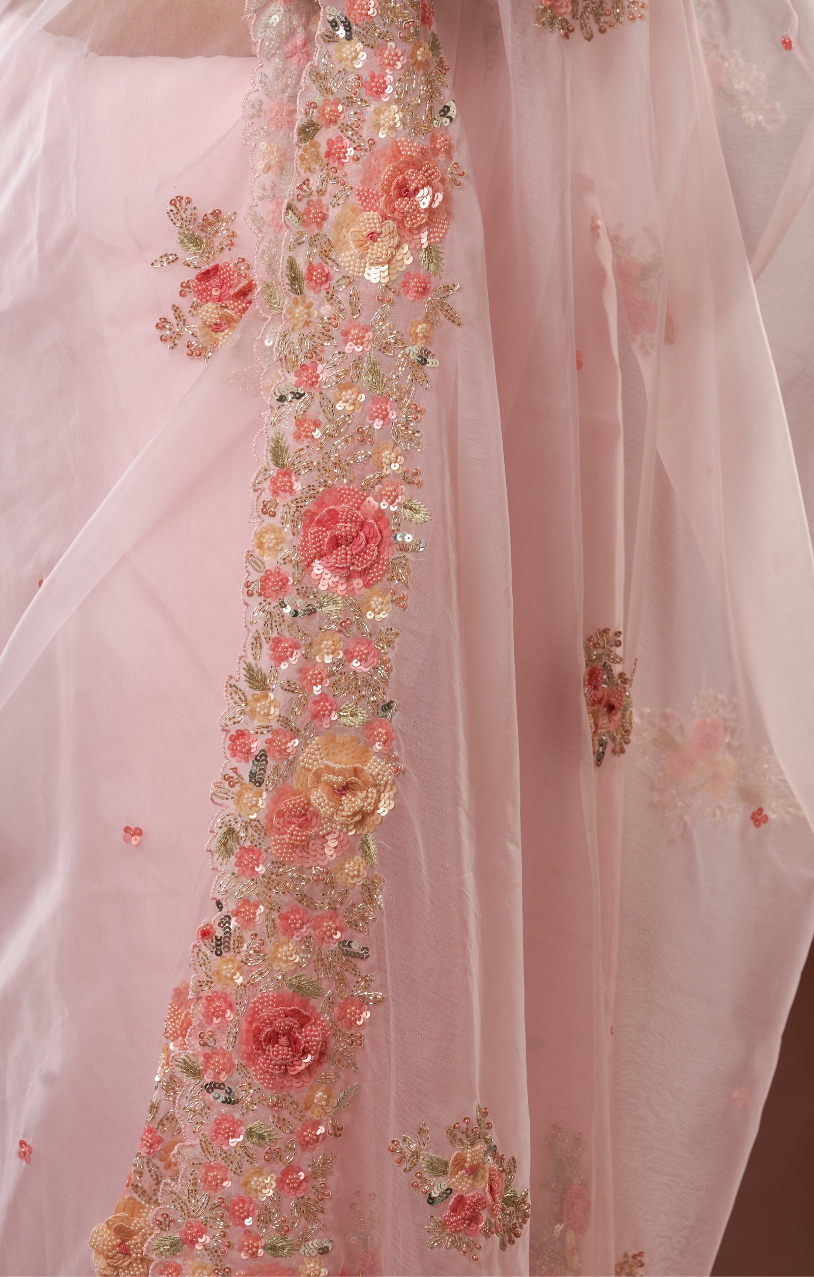 Ice Pink Vegan Organza With Hand Crafted Pearl, Sequins, Cutdana & Resham Work