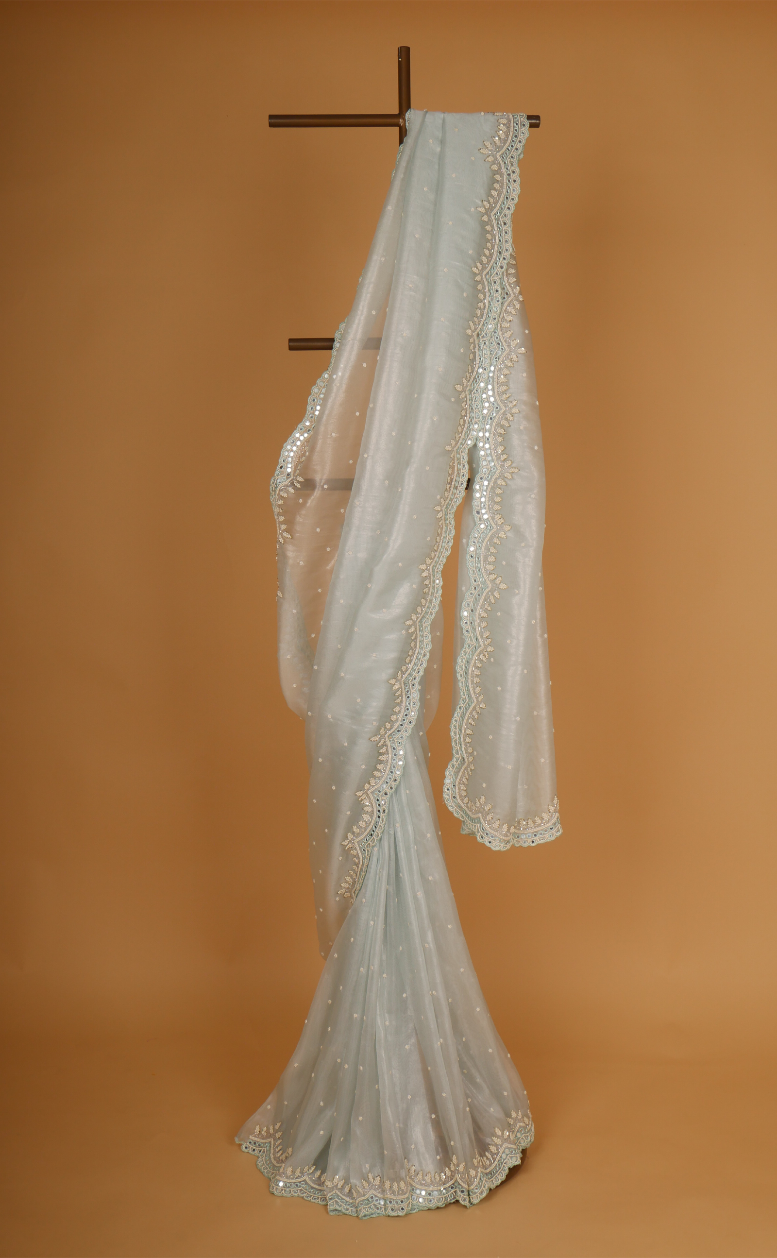 Blue Hand Embroidery Saree In Vegan Organza