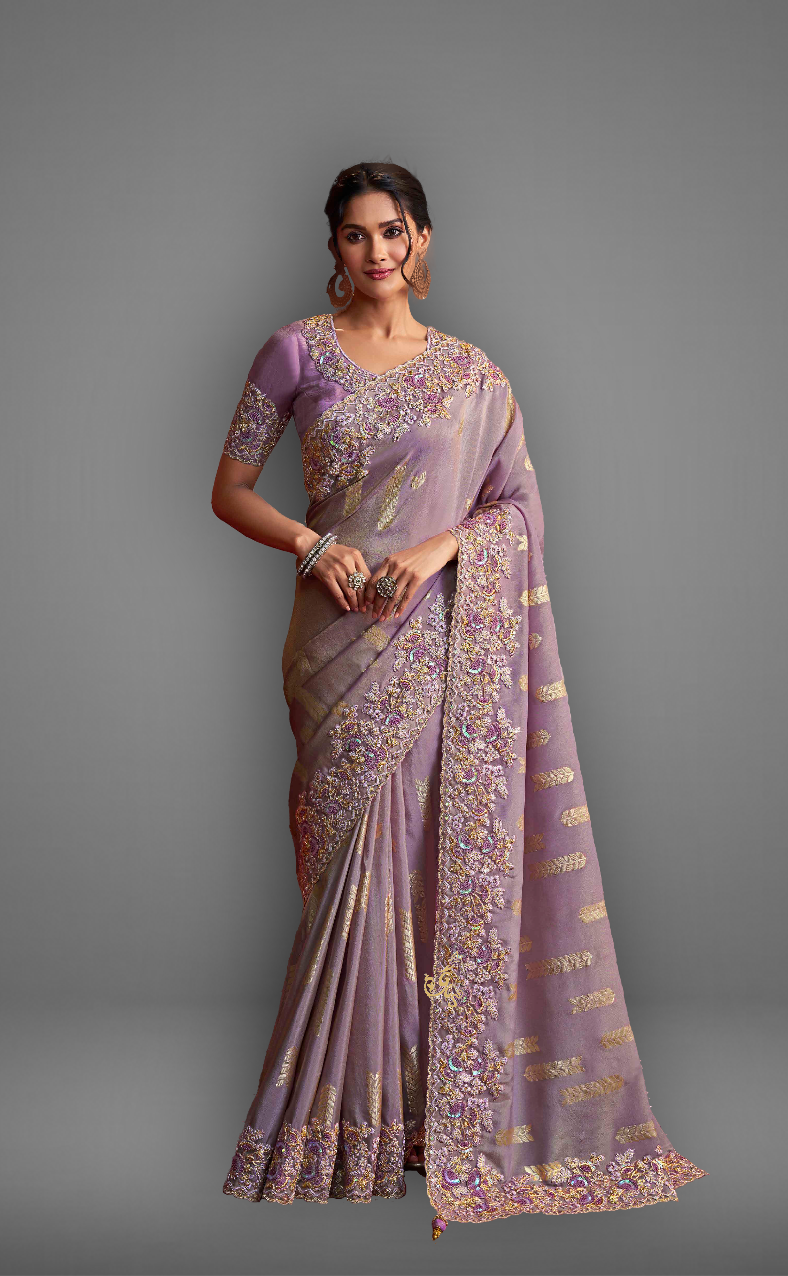 Lavender Saree With Embroidered Border In Soft Vegan Tissue Georgette