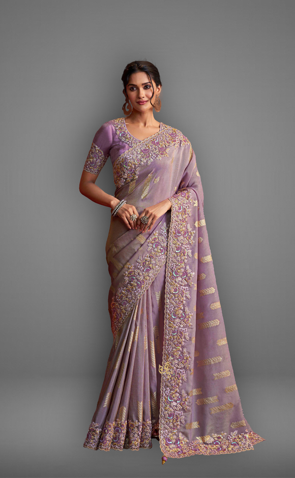 Lavender Saree With Embroidered Border In Soft Vegan Tissue Georgette