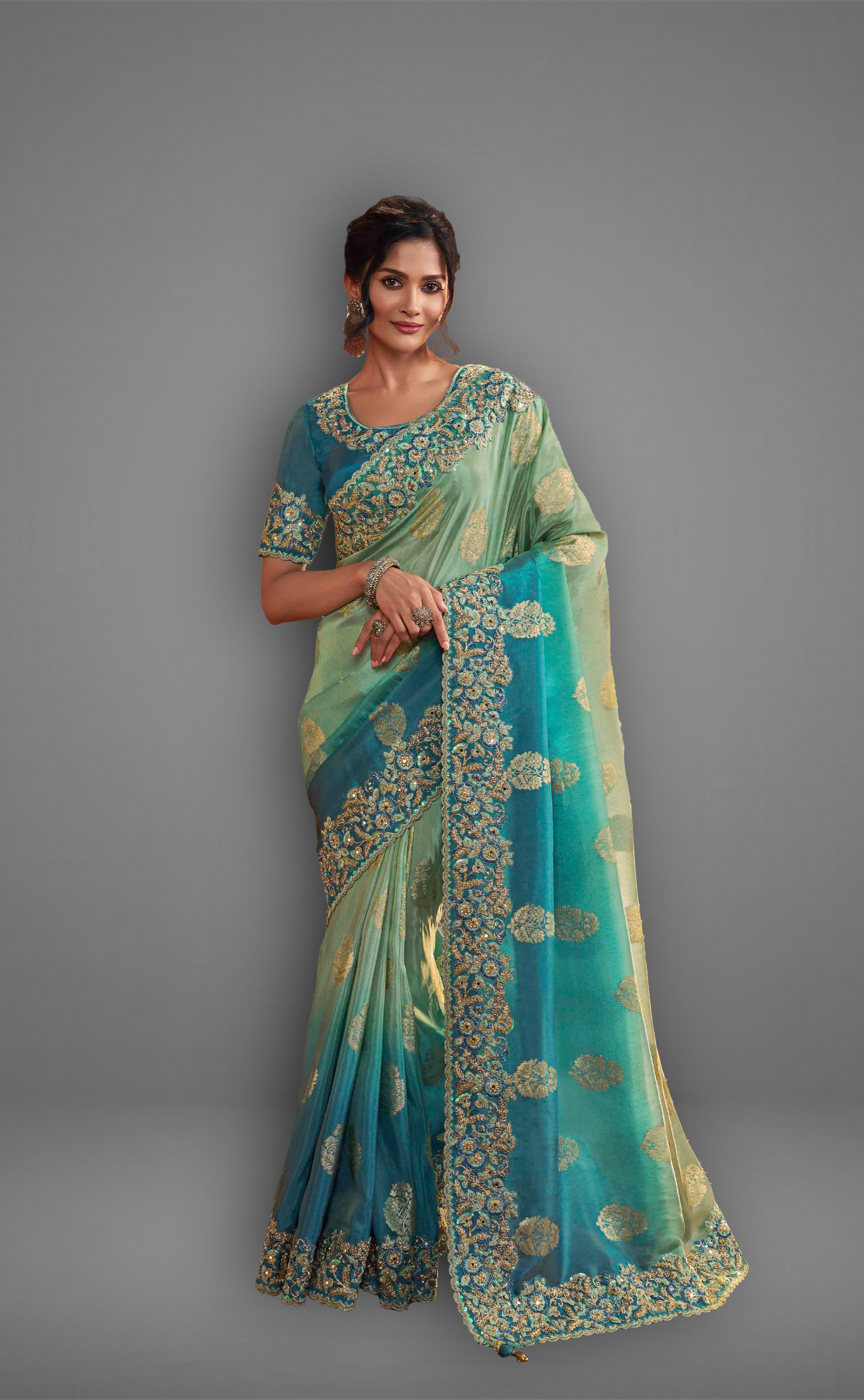 Sea Green Shaded Saree With Embroidered Border In Soft Vegan Tissue Georgette