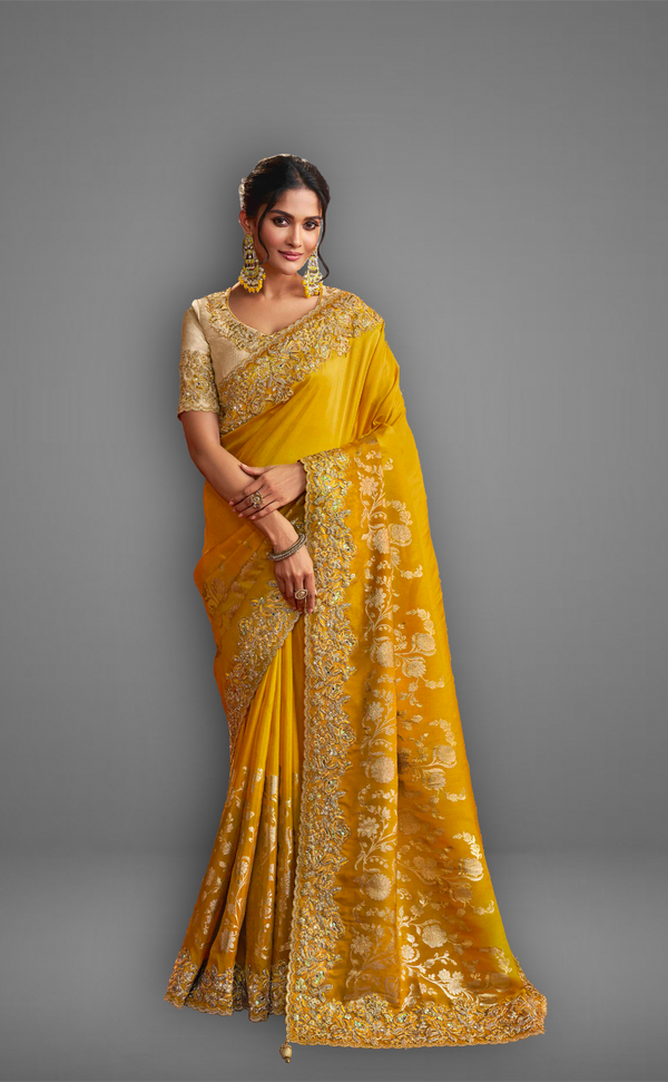 Mustard Shaded Saree With Embroidered Border In Soft Vegan Tissue Georgette