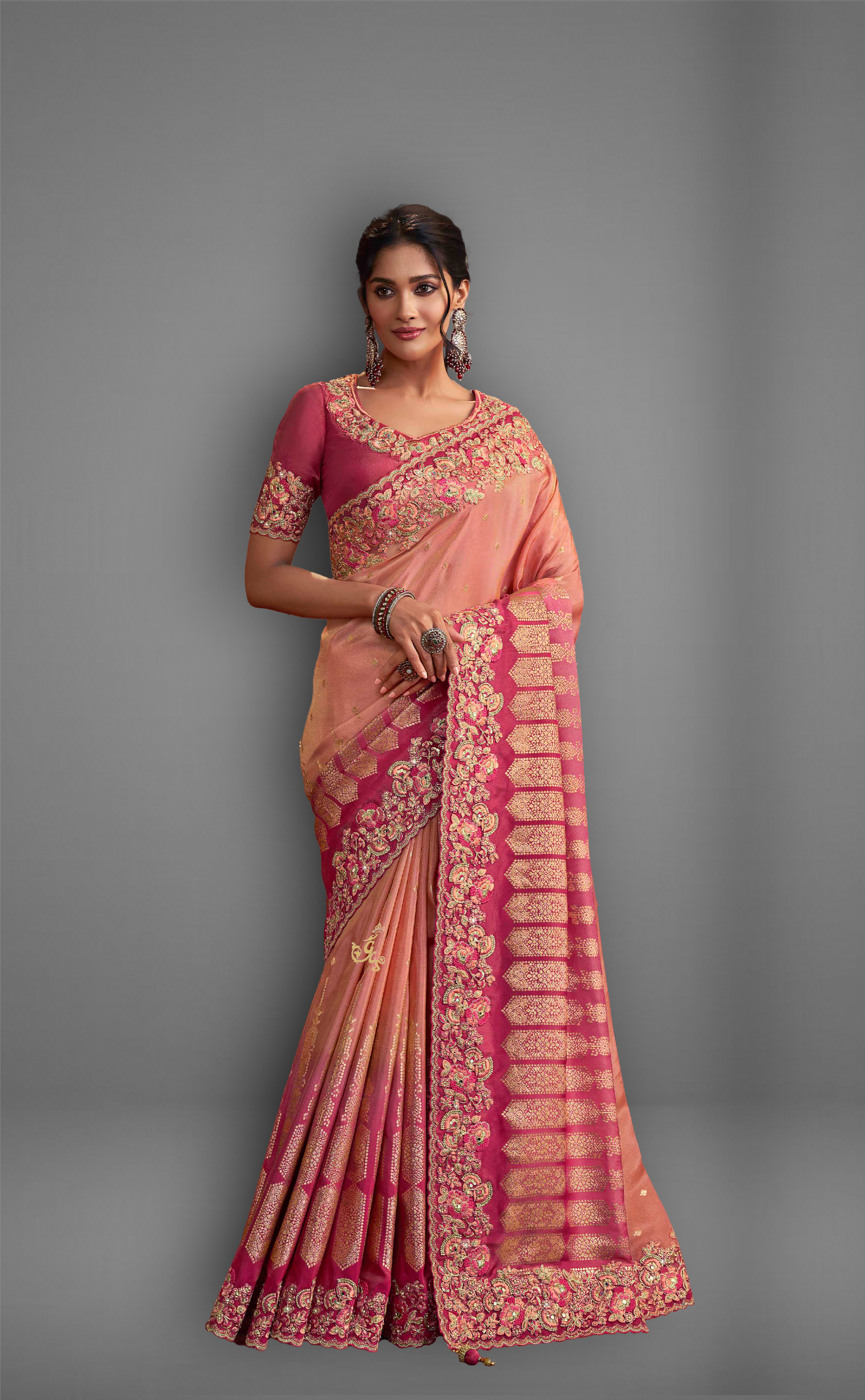 Pink Shaded Saree With Embroidered Border In Soft Vegan Tissue Georgette