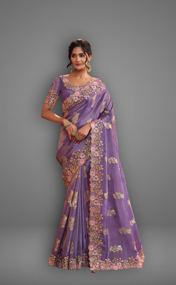 Purple Saree With Embroidered Border In Soft Vegan Tissue Georgette