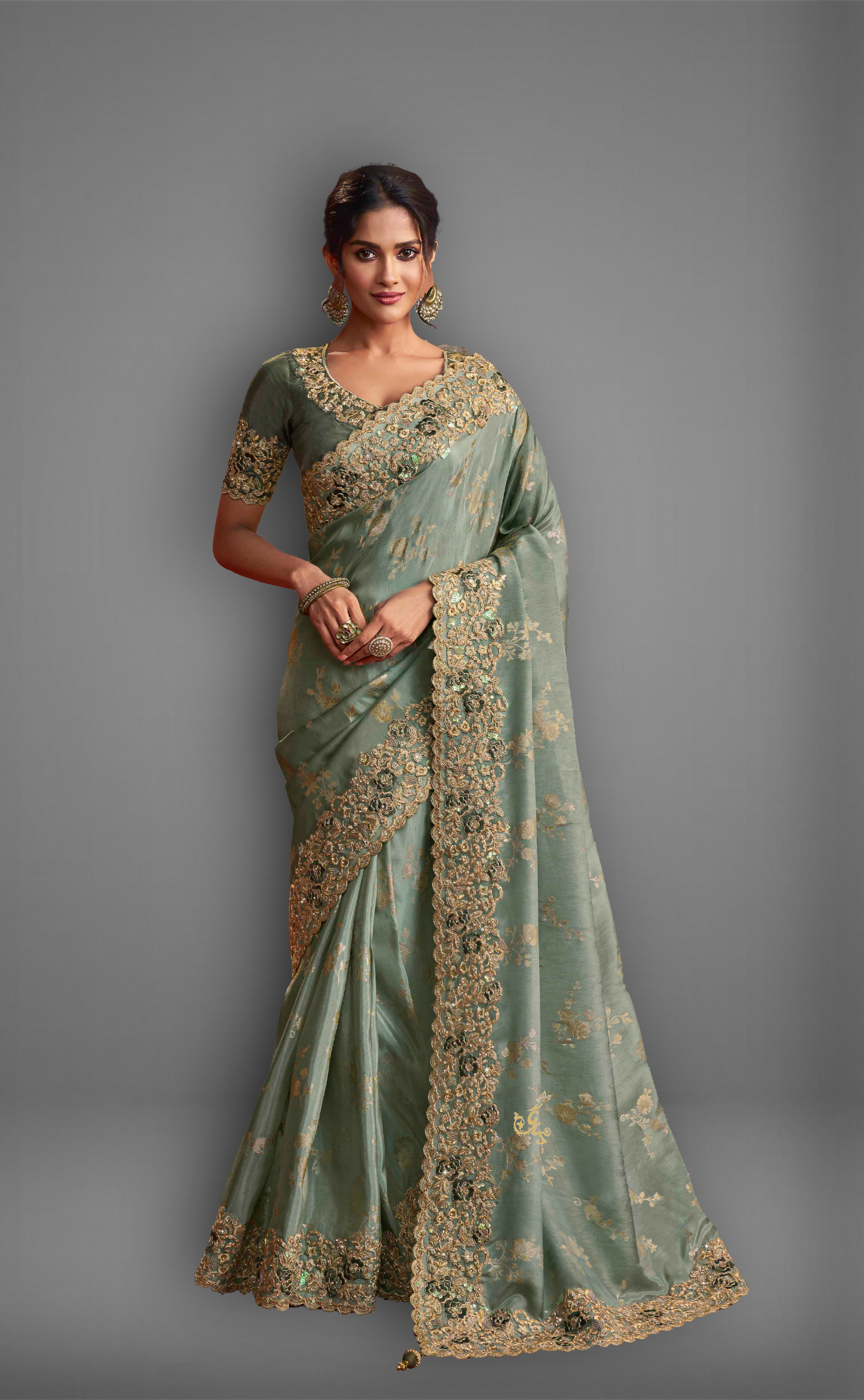 Dusty Green Saree With Embroidered Border In Soft Vegan Tissue Georgette