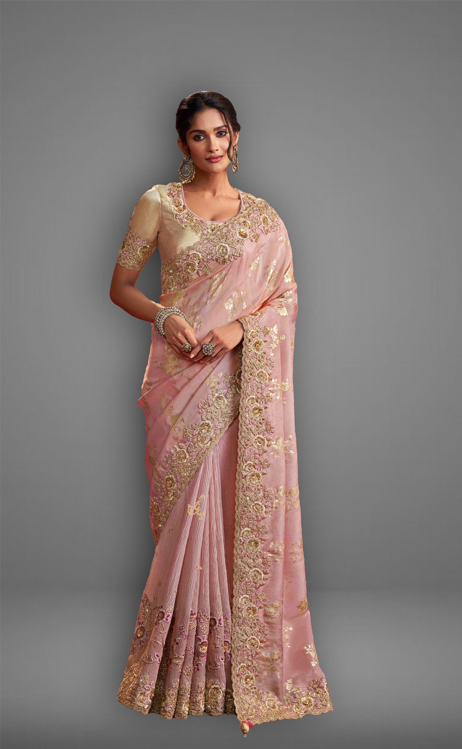 Dusty Pink Saree With Embroidered Border In Soft Vegan Tissue Georgette