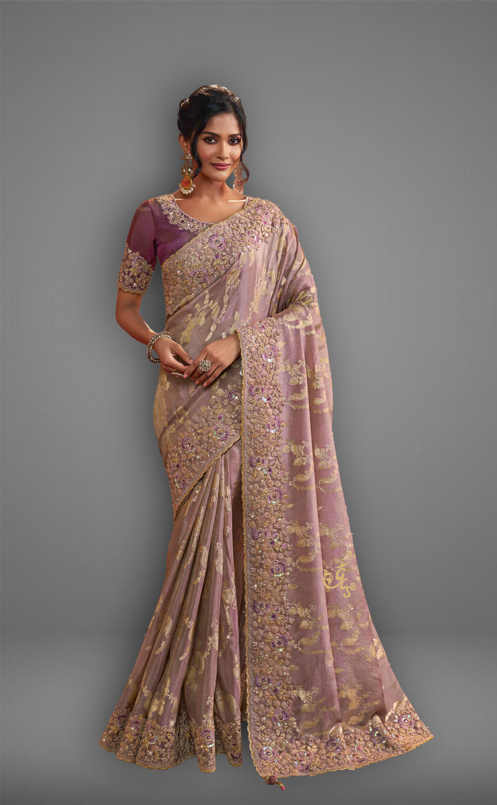 Light Lavender Saree With Embroidered Border In Soft Vegan Tissue Georgette