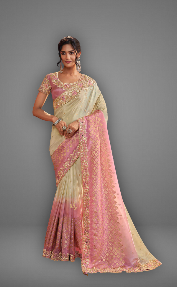 Pink Shaded Saree With Embroidered Border In Soft Vegan Tissue Georgette