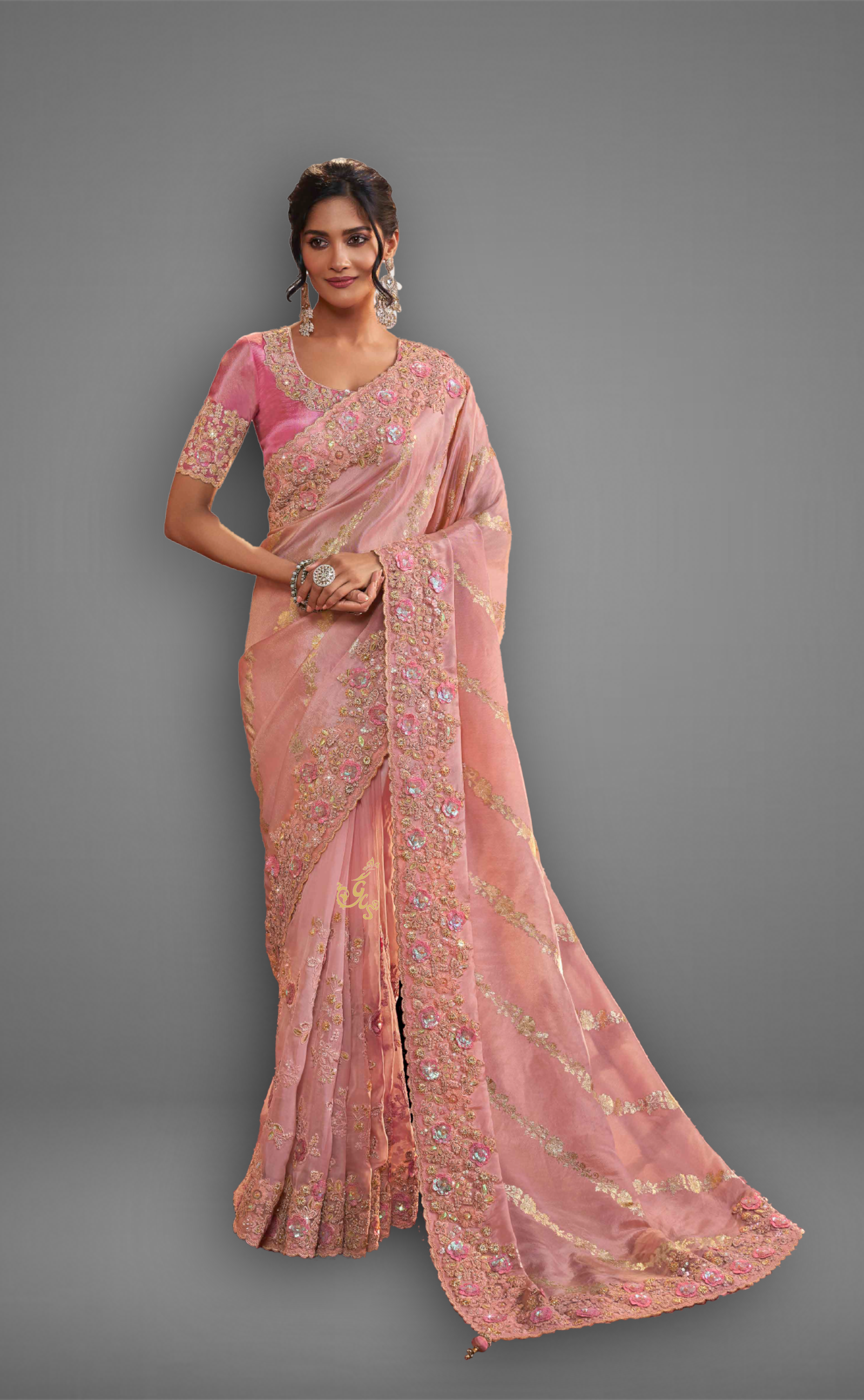 Dusty PInk Saree With Embroidered Border In Soft Vegan Tissue Georgette