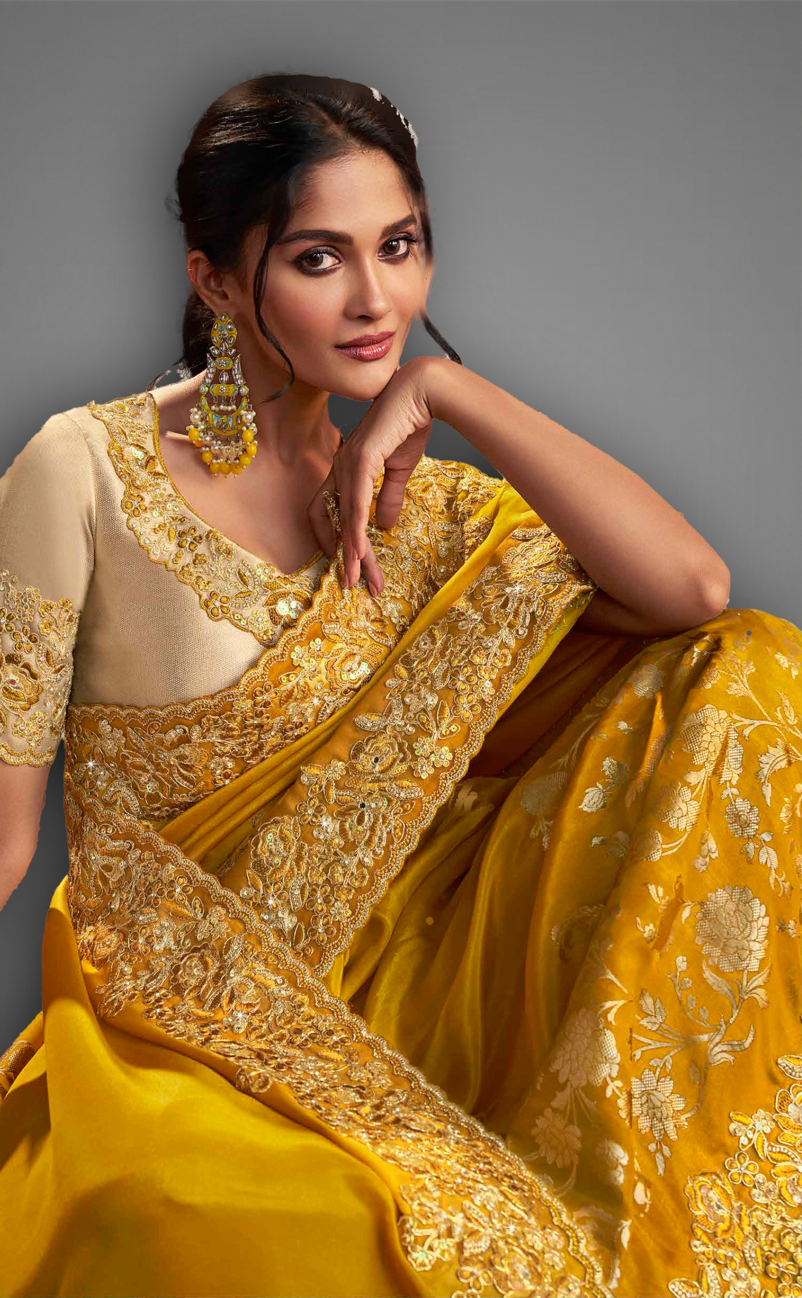 Mustard Shaded Saree With Embroidered Border In Soft Vegan Tissue Georgette