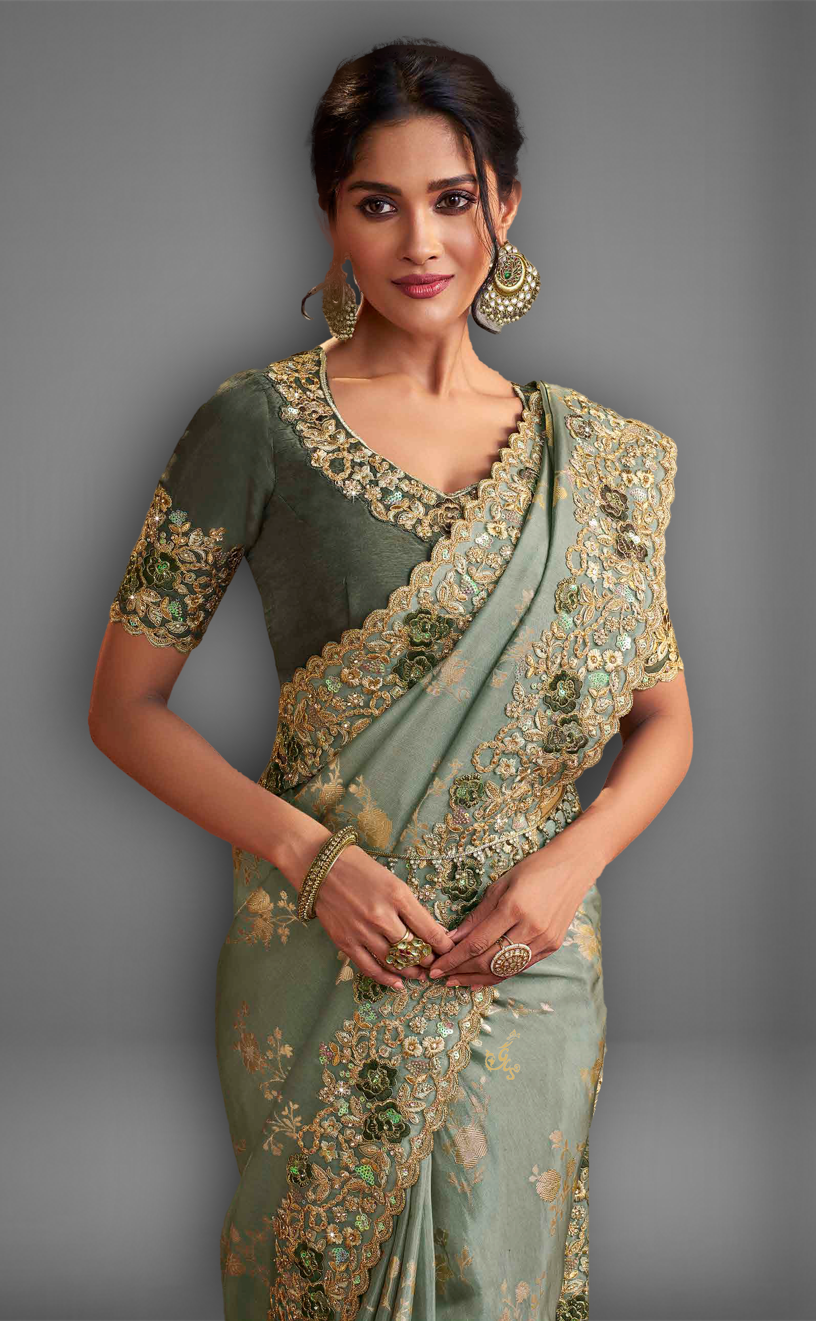 Dusty Green Saree With Embroidered Border In Soft Vegan Tissue Georgette