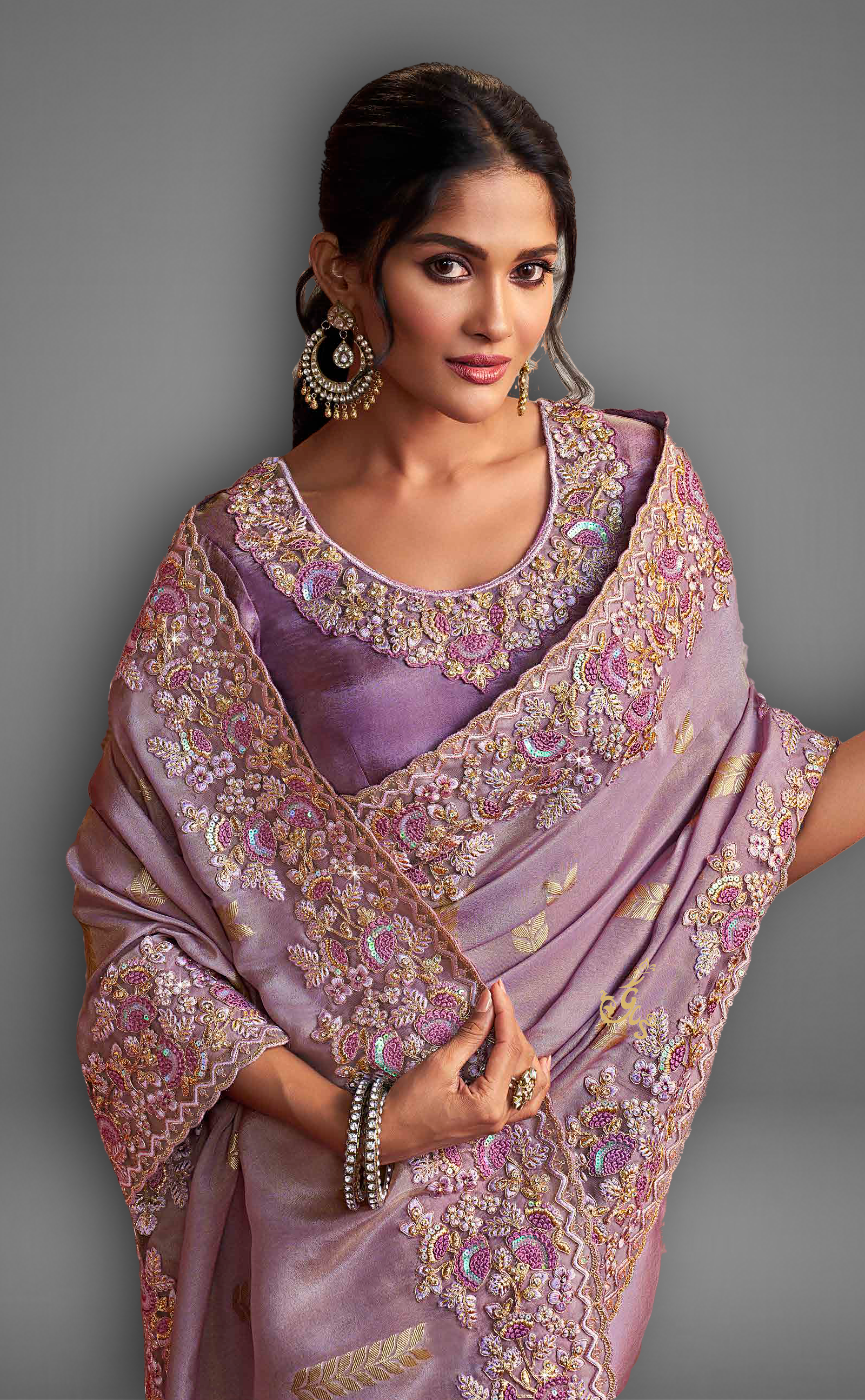 Lavender Saree With Embroidered Border In Soft Vegan Tissue Georgette