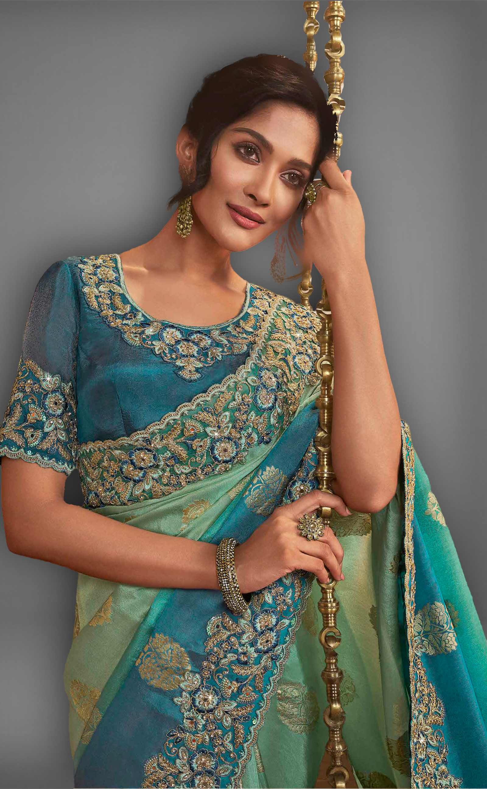 Sea Green Shaded Saree With Embroidered Border In Soft Vegan Tissue Georgette