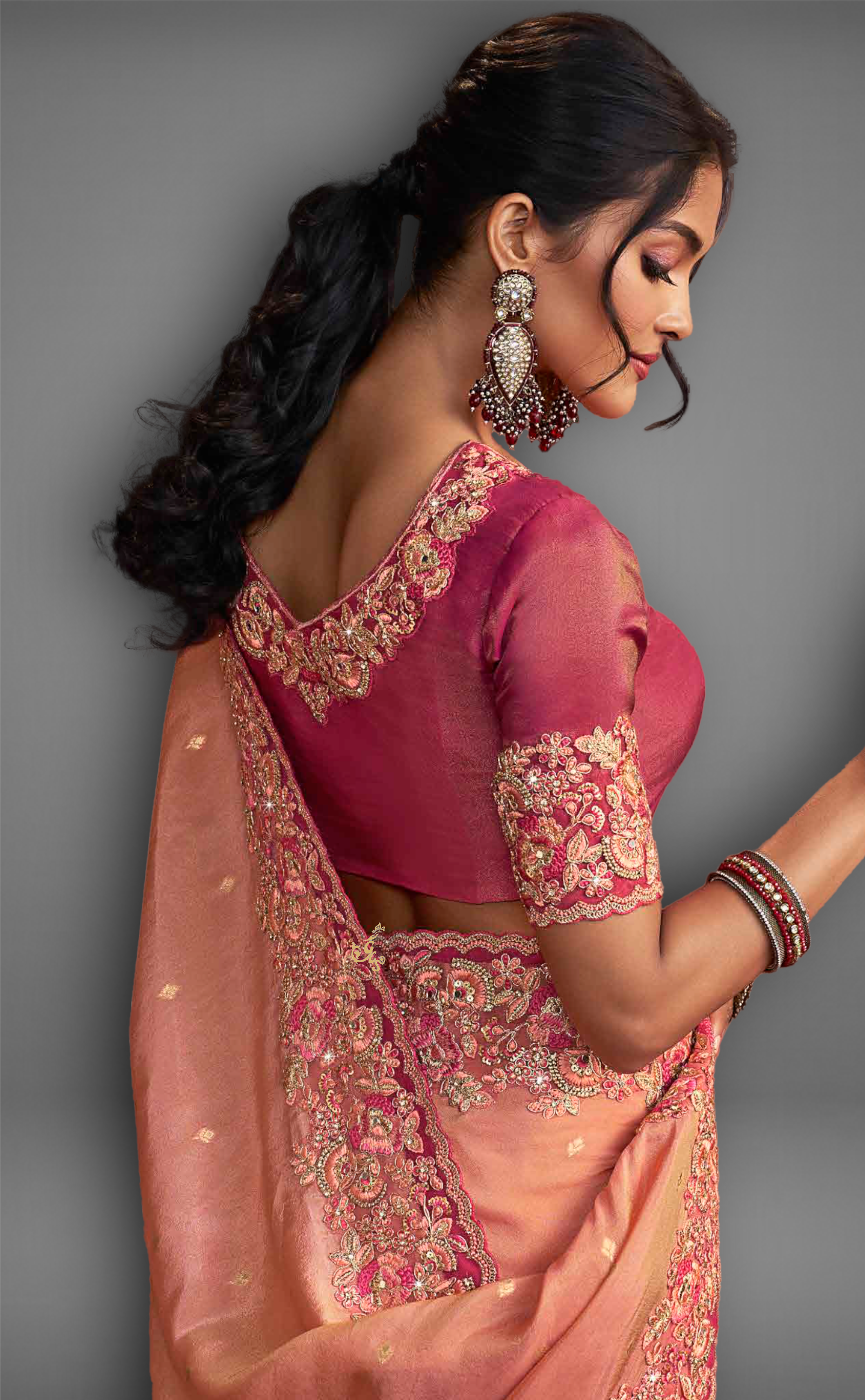 Pink Shaded Saree With Embroidered Border In Soft Vegan Tissue Georgette