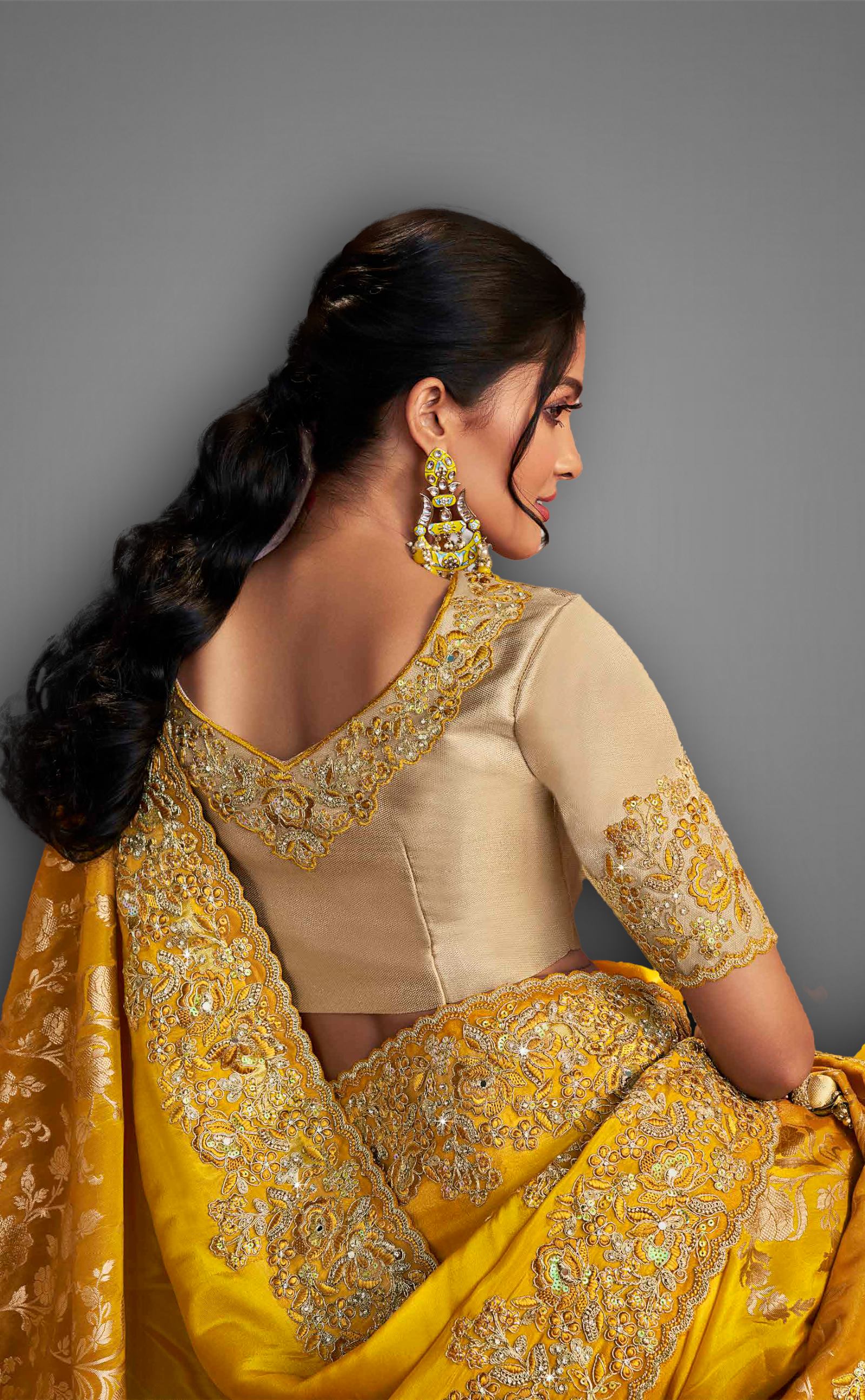 Mustard Shaded Saree With Embroidered Border In Soft Vegan Tissue Georgette