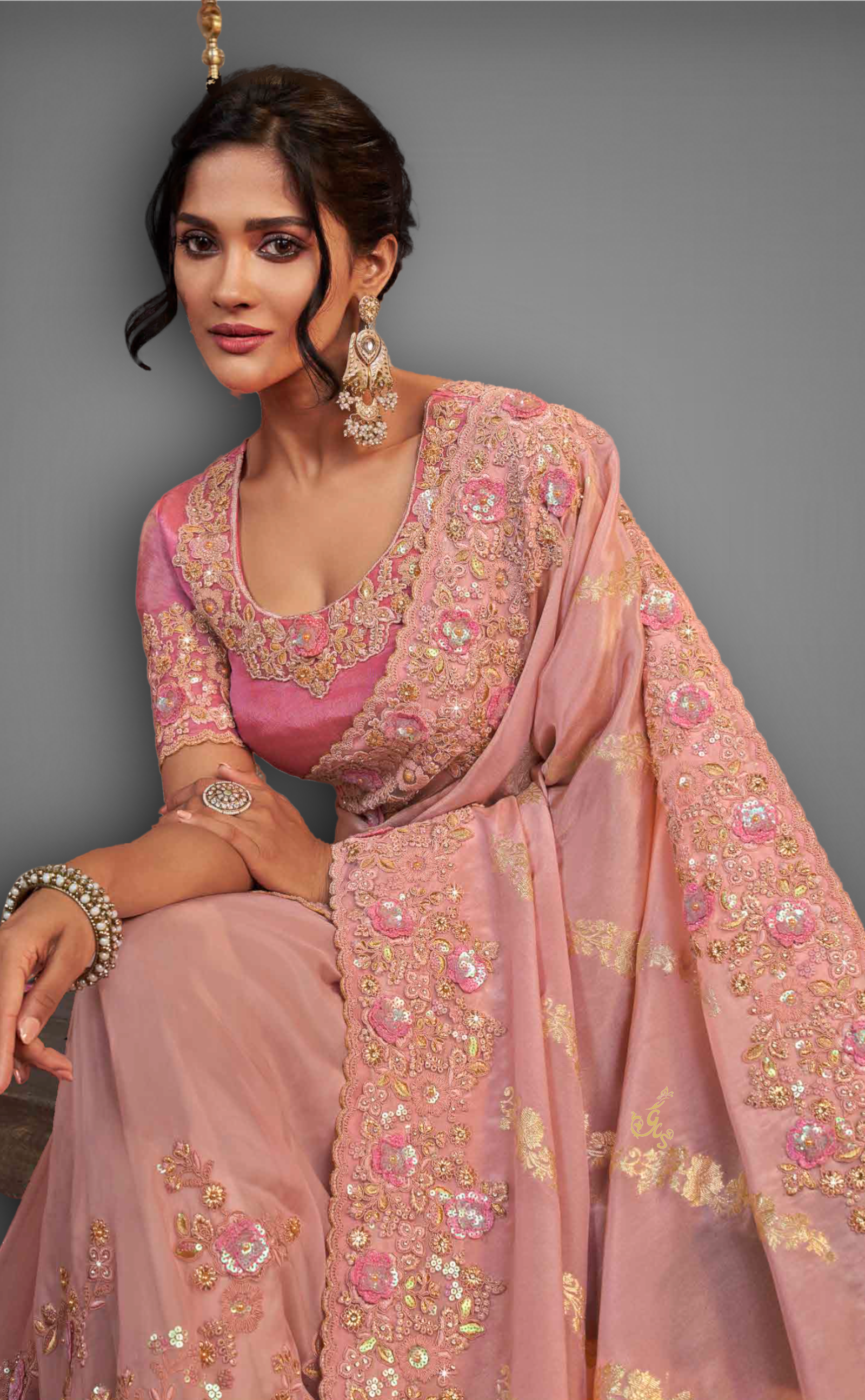 Dusty PInk Saree With Embroidered Border In Soft Vegan Tissue Georgette