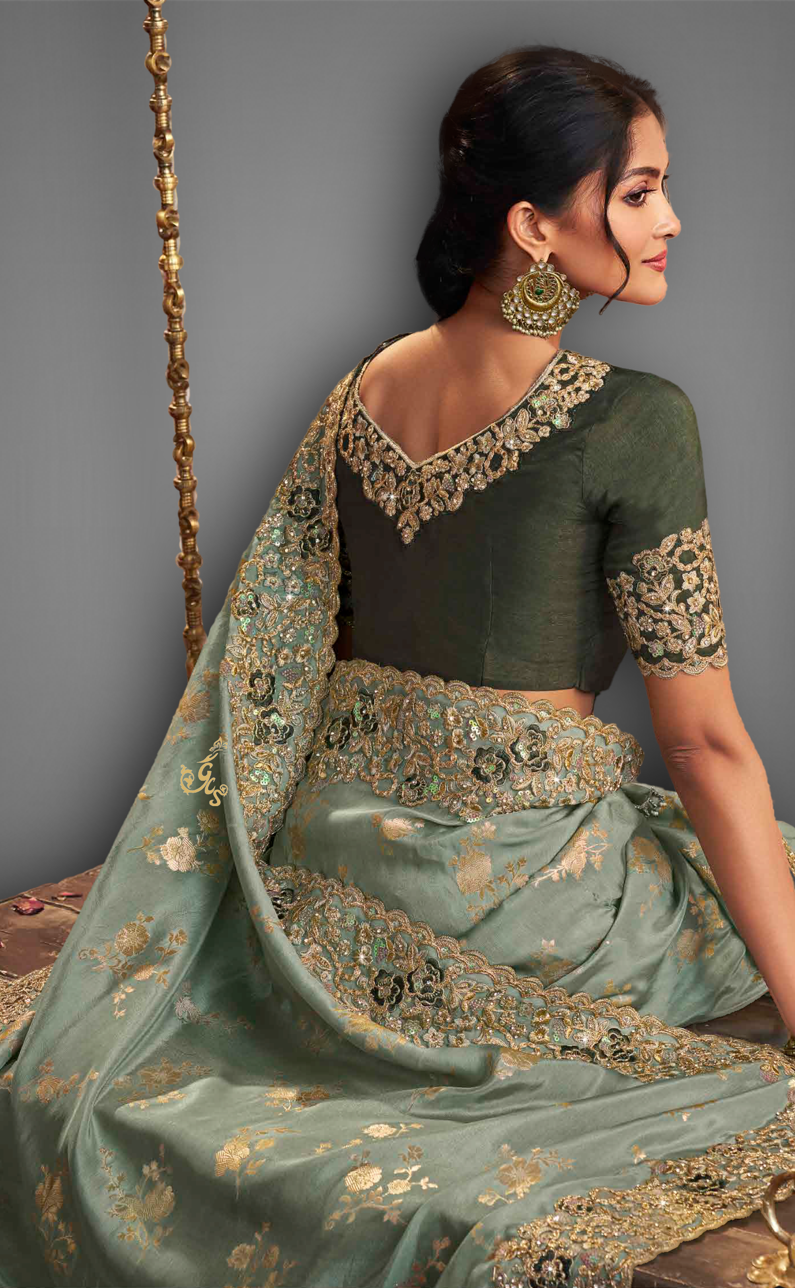 Dusty Green Saree With Embroidered Border In Soft Vegan Tissue Georgette