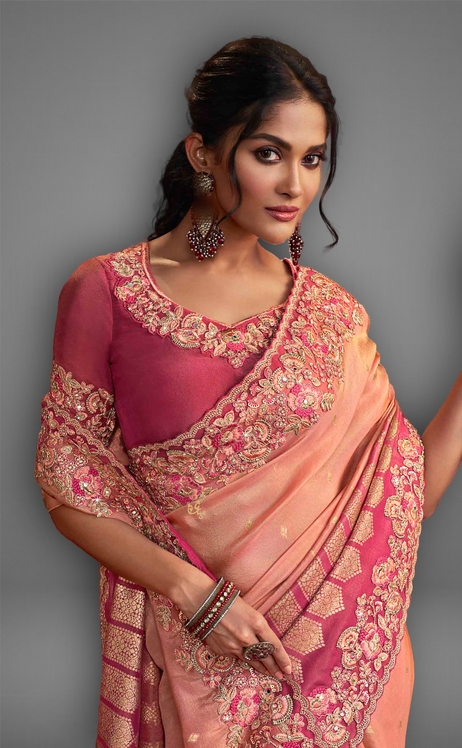 Pink Shaded Saree With Embroidered Border In Soft Vegan Tissue Georgette