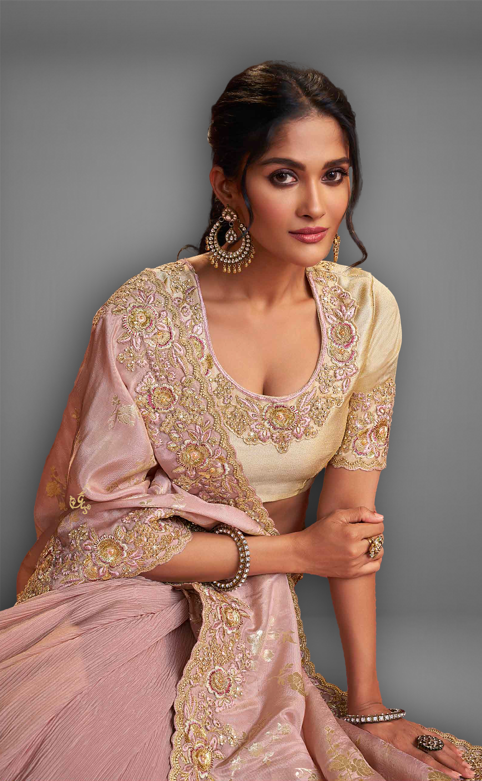 Dusty Pink Saree With Embroidered Border In Soft Vegan Tissue Georgette