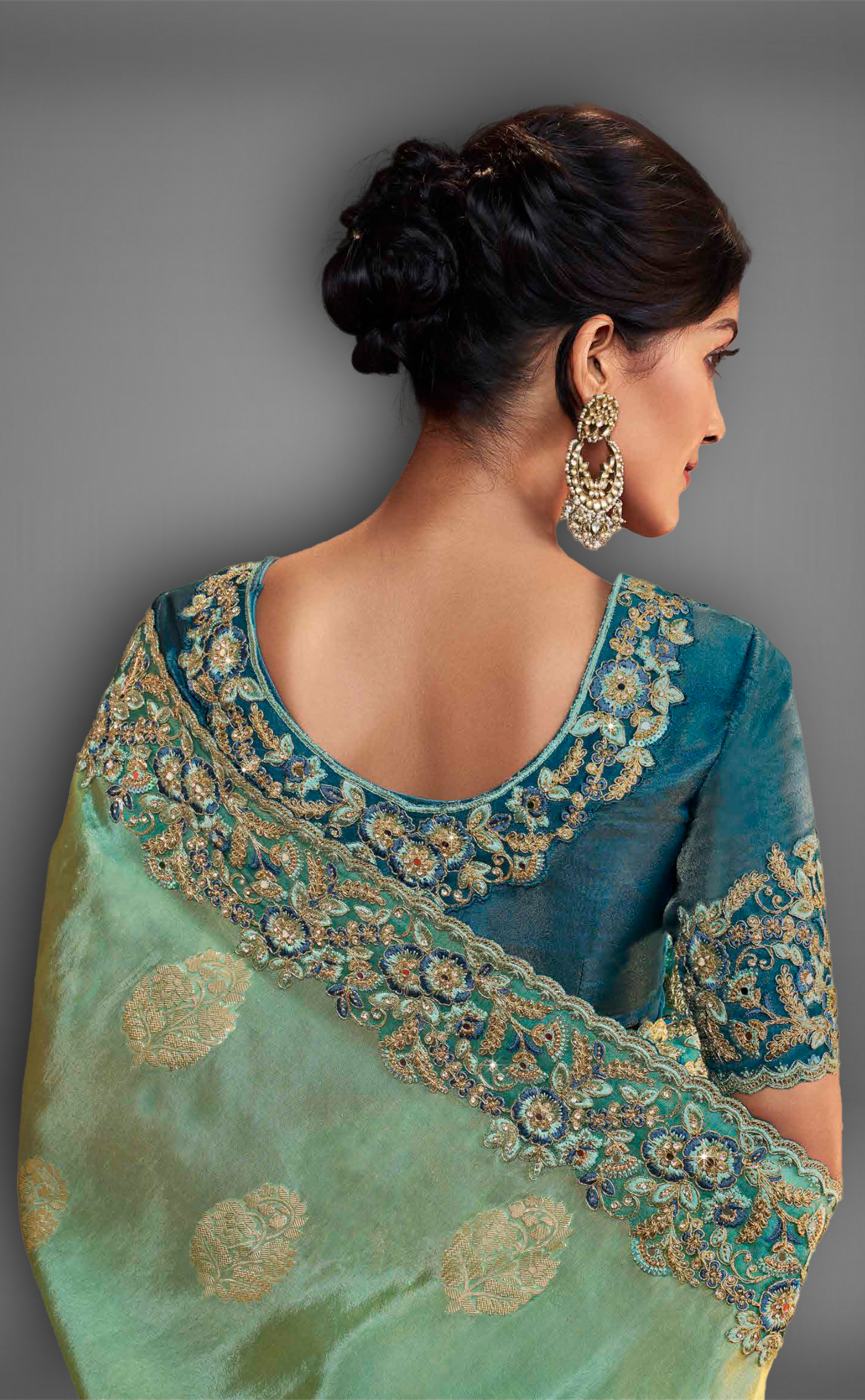 Sea Green Shaded Saree With Embroidered Border In Soft Vegan Tissue Georgette